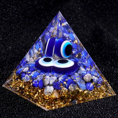 Evil Eye Orgone Pyramid Energy Generator Lapis Lazuli Crystal Resin Pyramid For Meditation Healing Home Office Desktop Decor Gift