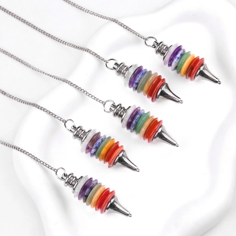 7 Chakra Naturstein Kristall Pendel Scheibe Geschichtet Reiki Heilung Anhänger Mit Legierung Kette Für Yoga Meditation Schmuck
