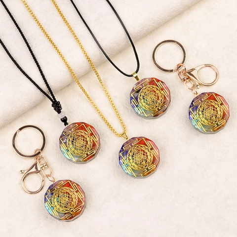 7 Chakra Pierre de Guérison Pendentif Orgone Collier Géométrie Sacrée Sri Yantra Résine Cristal Porte-clés Bijoux Homme Femme