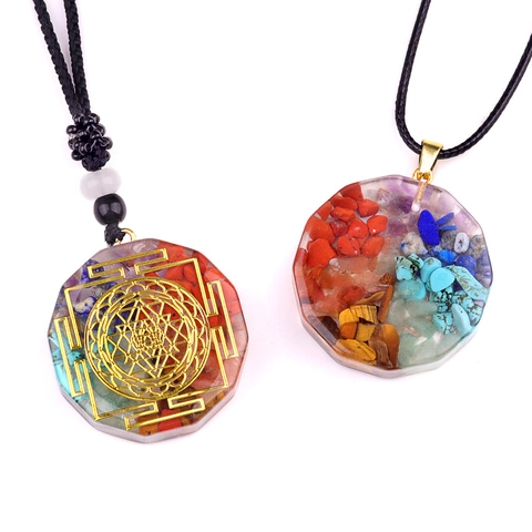 7 Chakra Pierre de Guérison Pendentif Orgone Collier Géométrie Sacrée Sri Yantra Résine Cristal Porte-clés Bijoux Homme Femme