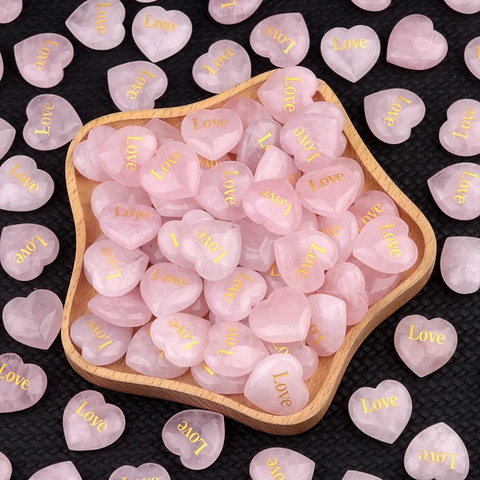 Rose Quartz Heart Stone Gold Love Engraved Pink Crystal Decorative Heart Ornament For Valentine's Day Wedding Home Decor Gift