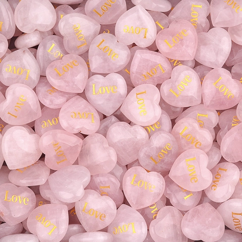 Rose Quartz Heart Stone Gold Love Engraved Pink Crystal Decorative Heart Ornament For Valentine's Day Wedding Home Decor Gift