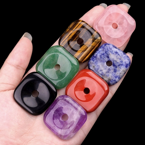 Natural Stone Square Ping An Kou Pendant Polished Crystal Agate Square Donut Bead For DIY Jewelry Making Necklace Accessories