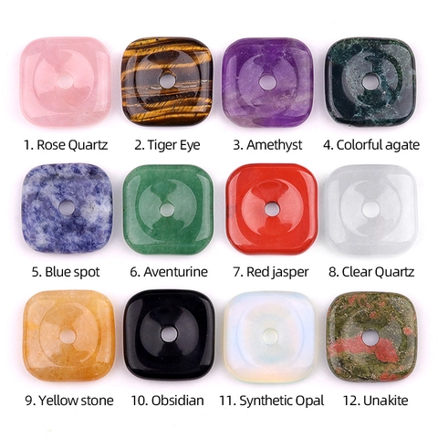 Natural Crystal Agate Square Pendant Necklace For Women Men Retro Ethnic Style Tiger Eye Amethyst Rose Quartz Adjustable Braided Rope Healing Stone Jewelry