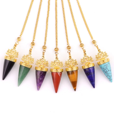 Natürliche Halbedelstein Kristall Wünschelruten-Pendel Halskette Gold Lotus Om-Symbol Anhänger Heilung Meditation Damen Schmuck