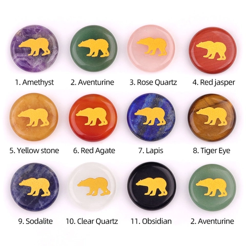 Natural Semiprecious Stone Bear Engraved Round Slice Healing Crystal Polished Agate Loose Gemstone For DIY Jewelry Making