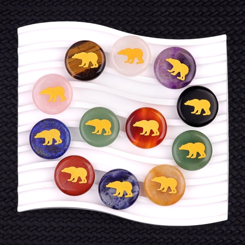 Natural Semiprecious Stone Bear Engraved Round Slice Healing Crystal Polished Agate Loose Gemstone For DIY Jewelry Making