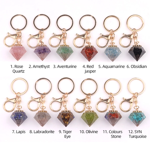 Natuurlijke Kristal Hars Diamantvorm Sleutelhanger Healing Steen Legering Karabijnsluiting Sleutelring Sieraden Cadeau