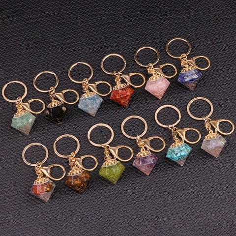 Natuurlijke Kristal Hars Diamantvorm Sleutelhanger Healing Steen Legering Karabijnsluiting Sleutelring Sieraden Cadeau