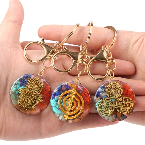 Handmade Resin Crystal Crushed Stone Keychain Seven Chakra Tree Of Life Flower Of Life Healing Energy Pendant Key Ring For Daily Use