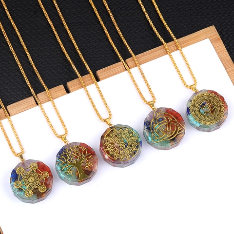 Orgonite Chakra Healing Crystal Pendant Necklace Resin Semi-precious Stone Chips Spiritual Symbol Gold Alloy Chain Women Men Jewelry