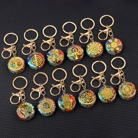 Handmade Resin Crystal Crushed Stone Keychain Seven Chakra Tree Of Life Flower Of Life Healing Energy Pendant Key Ring For Daily Use