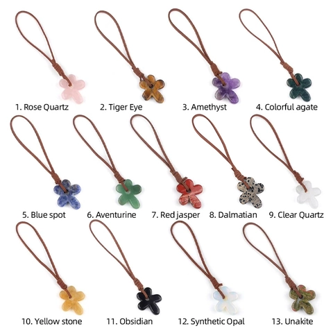 Natural Stone Hand Carved Flower Pendant With Adjustable Braided Rope Amethyst Tiger Eye Rose Quartz Crystal Hanging Ornament