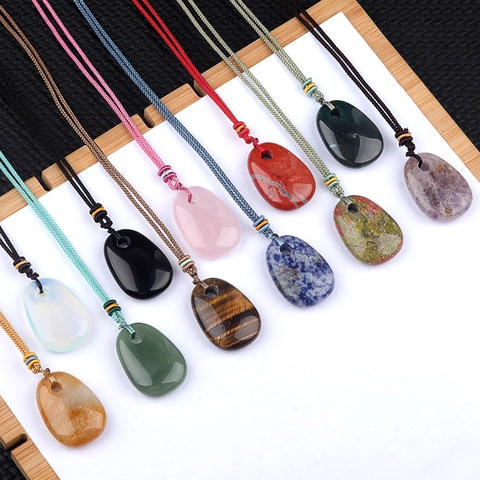 Natürlicher Halbedelstein Trapez Anhänger Kette Polierter Quarz Achat Stein Handgewebtes Seil Verstellbare Ethnische Halskette Für Unisex Schmuck Geschenk