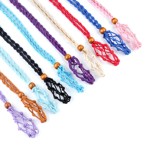 Handmade Woven Waxed Cord Necklace Adjustable Net Cage Design With Wooden Beads Retro Jewelry Finding For Raw Stones