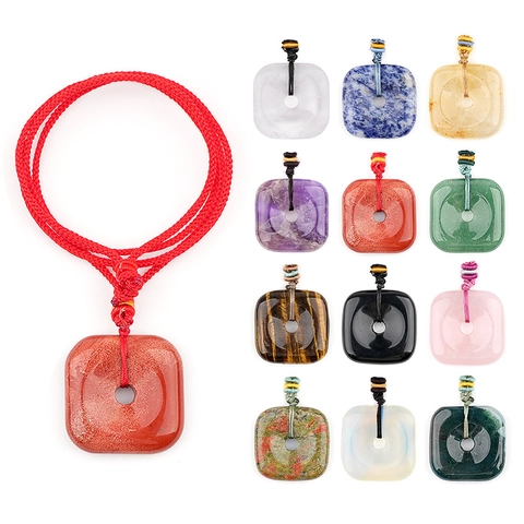 Natural Crystal Agate Square Pendant Necklace For Women Men Retro Ethnic Style Tiger Eye Amethyst Rose Quartz Adjustable Braided Rope Healing Stone Jewelry