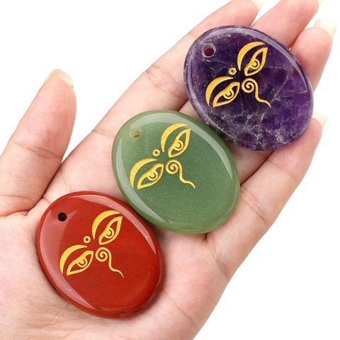 Natural Crystal Agate Wisdom Eye Engraved Oval Pendant Wisdom Eyes Buddha Stone Healing Crystals Spiritual Jewelry DIY Accessories