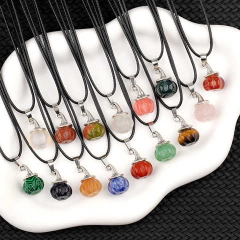 Natuurlijk Kristal Agaat Pompoen Hanger Ketting Met Heksenhoed Metalen Kap Halloween Feest Sieraden Voor Dames Heren Cadeau