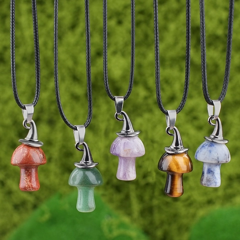 Vintage Witch Hat Mushroom Pendant Necklace For Women Natural Crystal Agate Stone Wizard Hat Charm Necklace Christmas Halloween Jewelry Gift