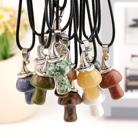 Vintage Bohemian Mushroom Pendant Necklace Natural Crystal Agate Witch Hat Design Polished Stone Jewelry Accessory For Women