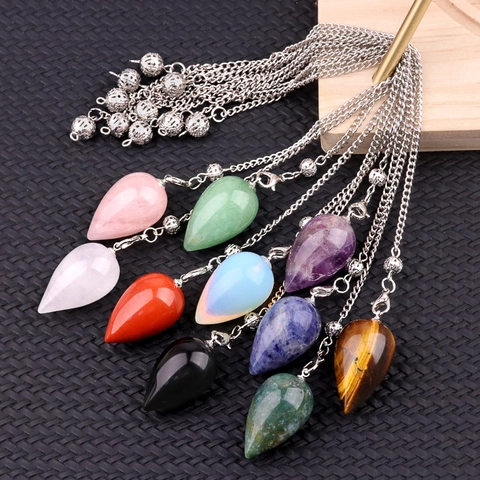 Natural Crystal Teardrop Dowsing Pendulum With Alloy Chain Reiki Healing Meditation Yoga Divination Tool Pendant Necklace