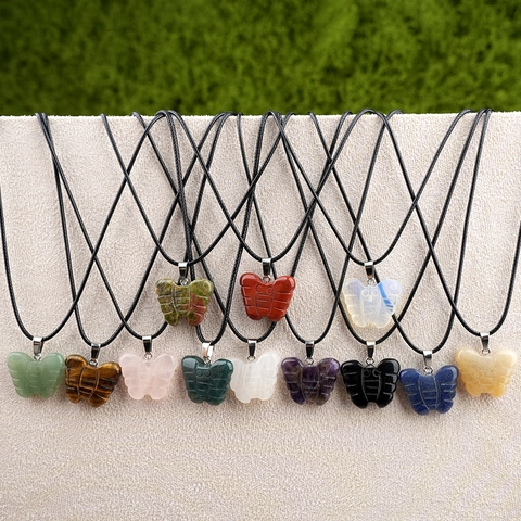Collier Pendentif Papillon en Pierre Naturelle Sculptée Cristal Agate Oeil de Tigre Améthyste Quartz Rose Pour Femmes Bijoux