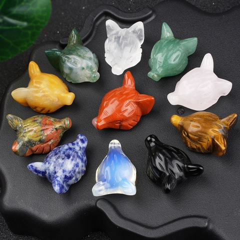 Natural Amethyst Rose Quartz Tiger Eye Fox Head Carved Stone Figurines Animal Head Crystal Healing Stone For Jewelry Making Decor