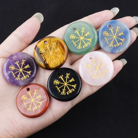Viking Compass Vegvisir Pendant Natural Amethyst Tiger Eye Stone Round Disc Healing Crystal Nordic Ornament For Necklace