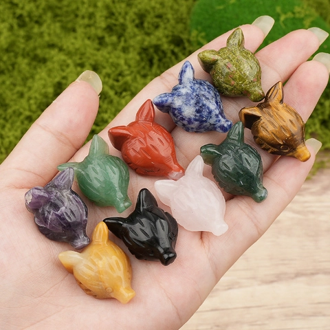 Natural Amethyst Rose Quartz Tiger Eye Fox Head Carved Stone Figurines Animal Head Crystal Healing Stone For Jewelry Making Decor