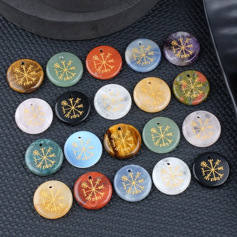 Viking Compass Vegvisir Pendant Natural Amethyst Tiger Eye Stone Round Disc Healing Crystal Nordic Ornament For Necklace