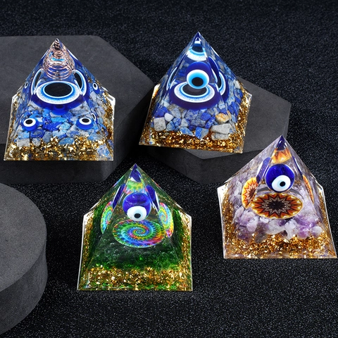 Piramide Energetica Orgonica Malocchio Ornamento in Resina Cristallo Con Spirale in Rame Foglia Oro Pietra Naturale Arredo