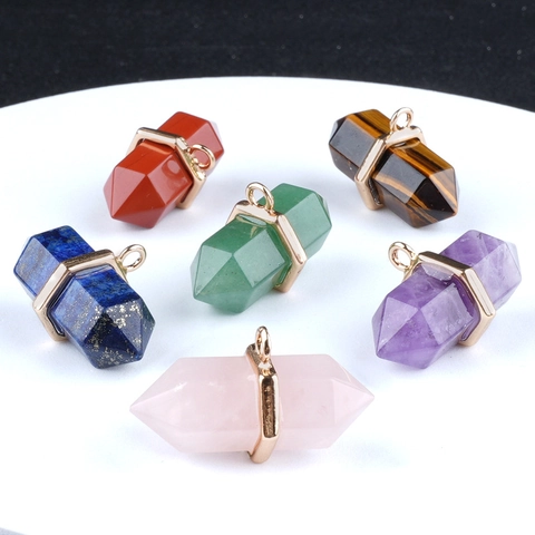 Colgante de Columna Hexagonal de Cristal Natural Ágata Doble Punta para Collar DIY Fabricación de Joyas Charms Mujer