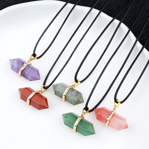 Natural Stone Crystal Hexagonal Pillar Pendant Necklace For Women Double Point Bullet Crystal Healing Point Jewelry Gift