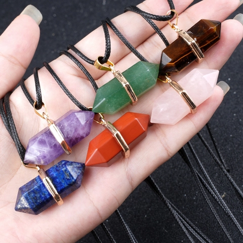 Natural Stone Crystal Hexagonal Pillar Pendant Necklace For Women Double Point Bullet Crystal Healing Point Jewelry Gift