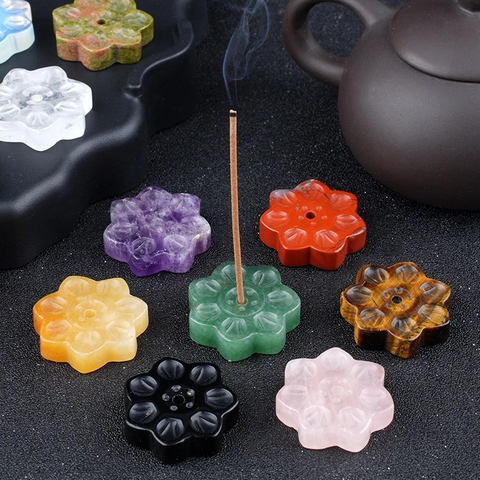 Porte-Encens en Cristal Naturel Base de Loto Pierre Oeil de Tigre Améthyste Fleur de Loto Décoration de Maison Zen