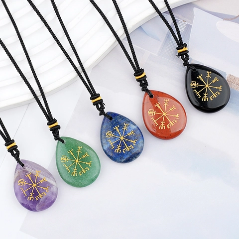 Vintage Natural Stone Viking Rune Necklace Water Drop Vegvisir Compass Engraved Pendant Nordic Amulet Woven Cord Jewelry