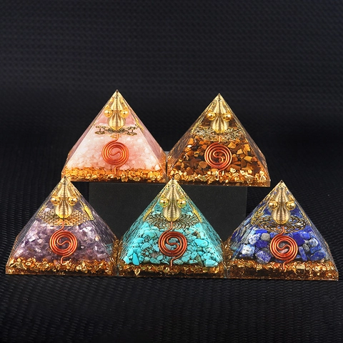 Orgone Pyramid Resin Healing Crystal Ornament With Natural Crushed Stone Copper Coil Gold Foil Energy Pyramid Desktop Decor