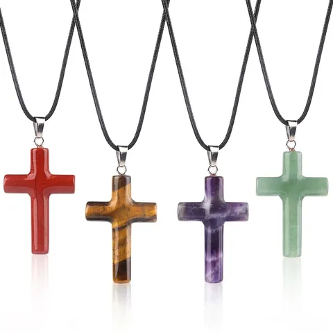 Naturstein Kreuz Anhänger Halskette Religiös Retro Kristall Quarz Amethyst Achat Heilstein Schmuck Für Herren Damen Geschenk