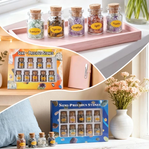 Set Scatola Esemplari di Pietra Semipreziosa Naturale Mini Cristallo Ghiaia Bottiglia dei Desideri Barattolo di Vetro Confezione Regalo Giocattolo Scientifico Educativo Arredamento Casa