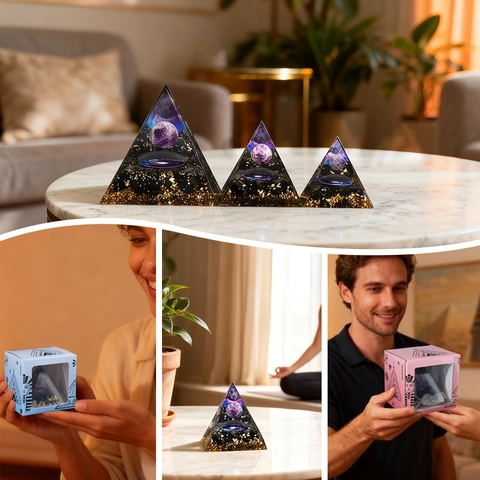 Piramide di Energia d'Orgone Ornamento in Resina Ametista Cristallo Ossidiana Motivo Galassia Foglia d'Oro Decorazione da Scrivania Pietra di Guarigione Spirituale