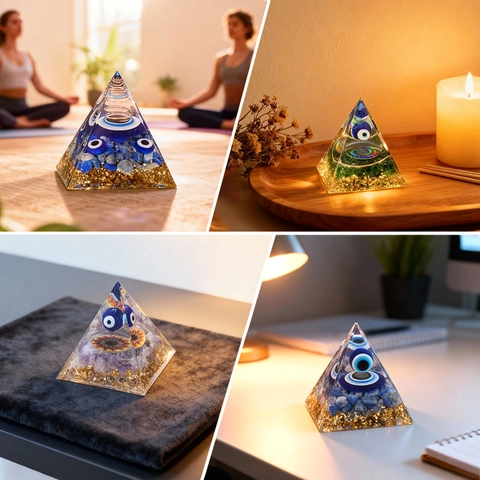 Evil Eye Orgone Pyramid Energy Generator Lapis Lazuli Crystal Resin Pyramid For Meditation Healing Home Office Desktop Decor Gift