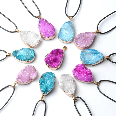 Natural Druzy Crystal Geode Teardrop Pendant With Gold Plated Edge Irregular Waterdrop Stone Charm For DIY Necklace Jewelry Making