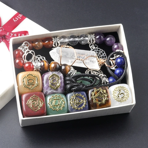 7 Chakra Heilkristalle Yoga Meditation Energiesteine Kollektion Mit Eingewickeltem Kristallpfeiler Anhänger Halskette Perlenarmband