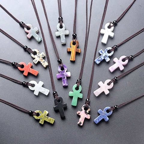 Natuurlijke Halfedelsteen Ankh Kruis Halsketting Egyptisch Levenssymbool Hanger Vintage Handgeweven Gepolijste Sieraden Voor Unisex