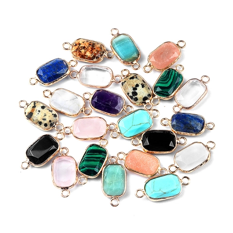 Natural Semi Precious Stone Rectangular Faceted Pendant Connector Gold Plated Alloy Bezel DIY Jewelry Making Necklace Bracelet Accessory