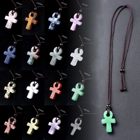 Natuurlijke Halfedelsteen Ankh Kruis Halsketting Egyptisch Levenssymbool Hanger Vintage Handgeweven Gepolijste Sieraden Voor Unisex