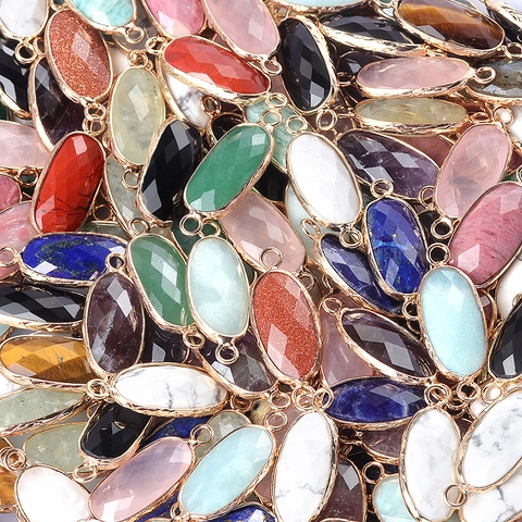 Oval Faceted Semi-Precious Stone Alloy Pendants Gold Plated Double Hole Connectors For DIY Jewelry Making Accessories