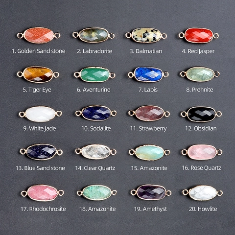 Oval Faceted Semi-Precious Stone Alloy Pendants Gold Plated Double Hole Connectors For DIY Jewelry Making Accessories