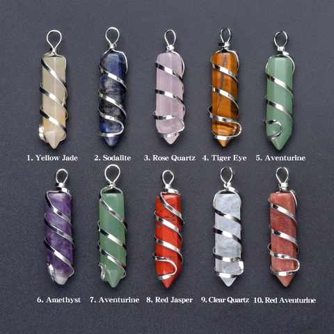 Natürlicher Kristall Halbedelstein Hexagonale Säule Halskette Spiralwickeldraht Einzelspitze Edelstein Anhänger Schmuck Für Unisex