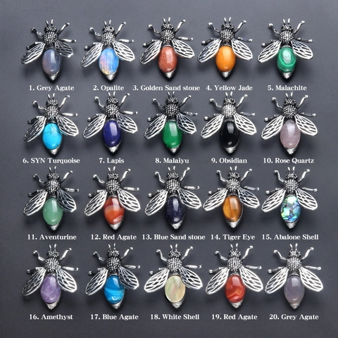 Vintage Alloy Honey Bee Brooch Pendant For Women Hollow Wings Inlaid Agate Crystal Semi Precious Stone Retro Jewelry Accessory